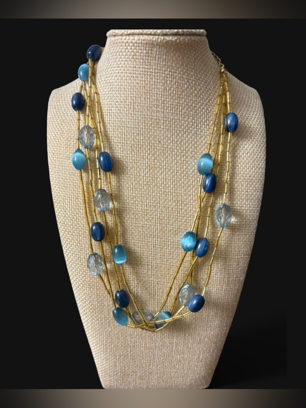 VTG Unbranded Multi Strand Blue Cat Eye Bead Necklace
